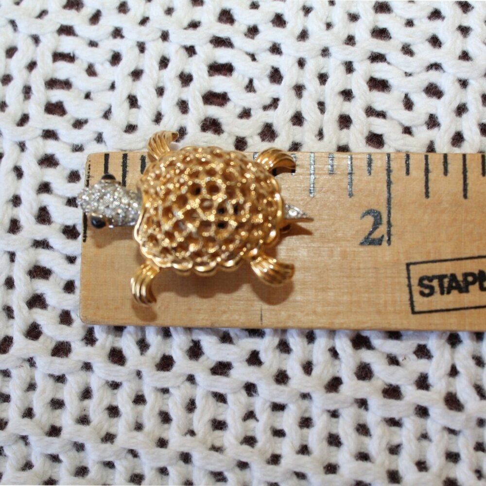 Vintage Turtle Brooch Rhinestone & Black Stone Signed Jomaz 9.8g Handmade unique - Picture 2 of 10